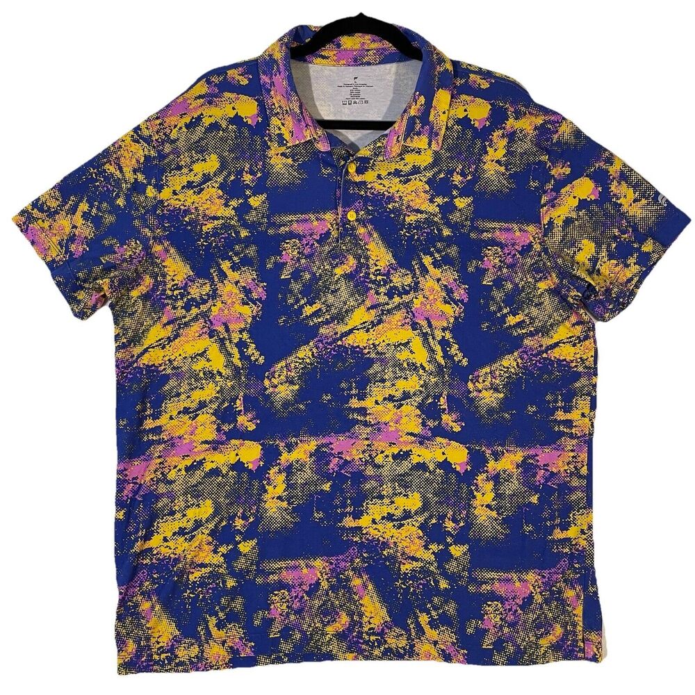 Fabletics Polo Shirt Mens XL Blue Yellow Stretch Performance Gym Tie Dye